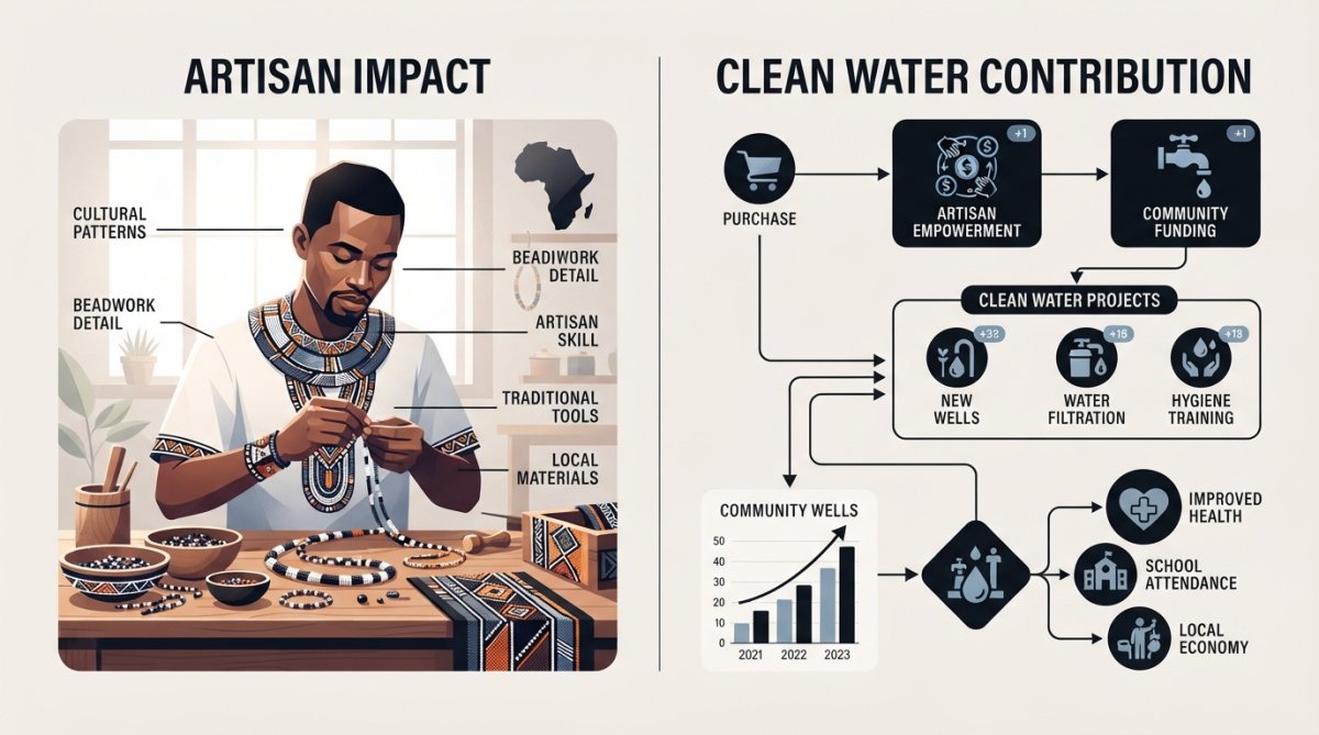 Professional illustration showing ethical fashion brands supporting clean water