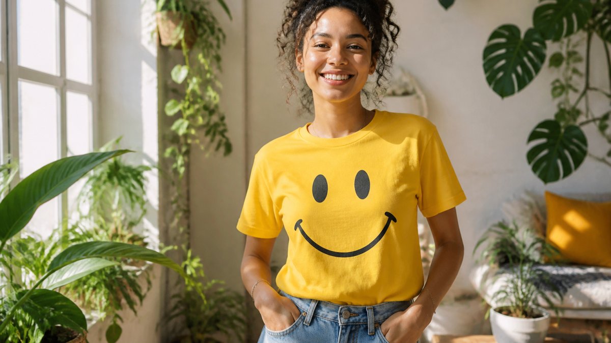 A young woman wearing a bright smile-themed t-shirt, standing in a sunlit room with plants, looking confident and happy