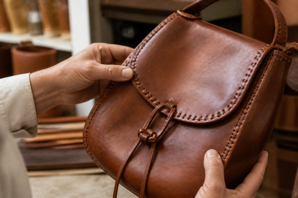 Close-up of hands examining a handcrafted leather bag, showing intricate stitching detail and texture in natural lighting