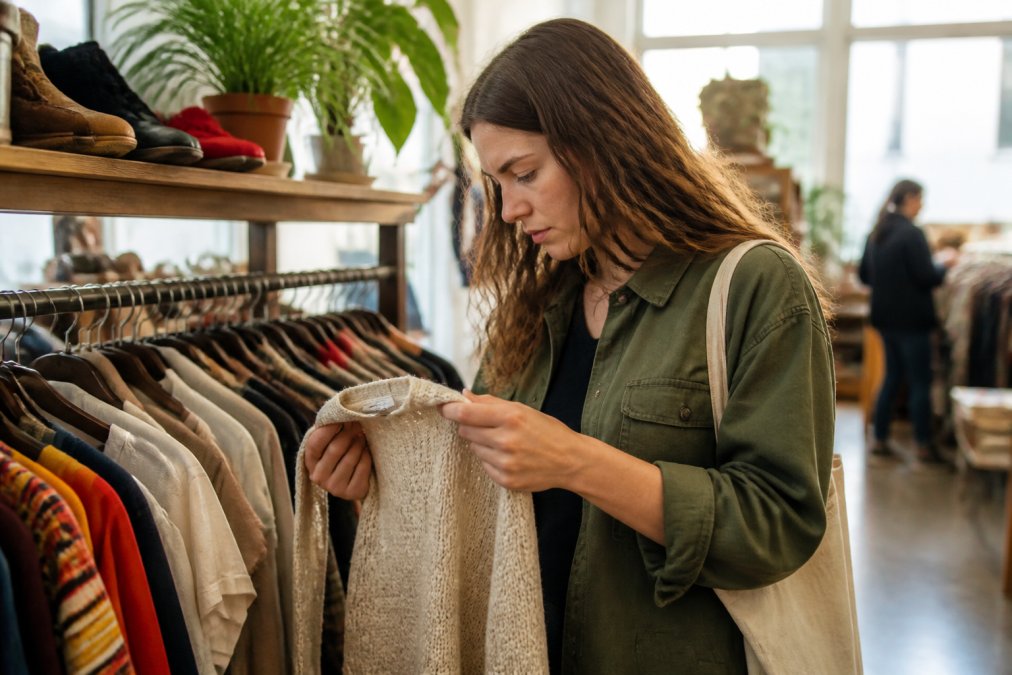 Person carefully examining fabric quality and checking garment labels while browsing clothing items at a thrift store, natural daylight illuminating the selection