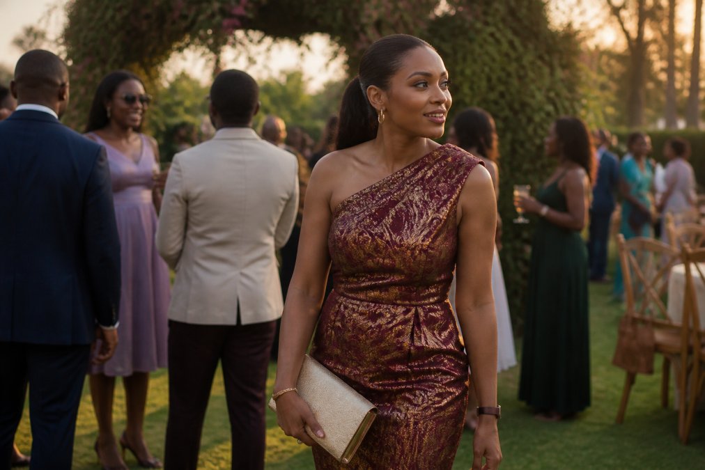 Woman in a burgundy metallic jacquard dress posed at an elegant wedding venue, demonstrating how a single statement piece can be styled for formal milestone celebrations with minimal accessory changes