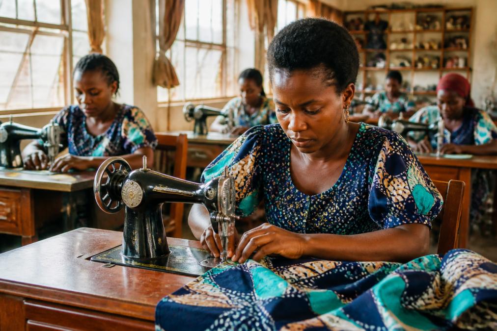 Female artisans with focused hands working on detailed textile sewing at wooden tables in a bright, well-lit cooperative workshop with natural daylight streaming through large windows