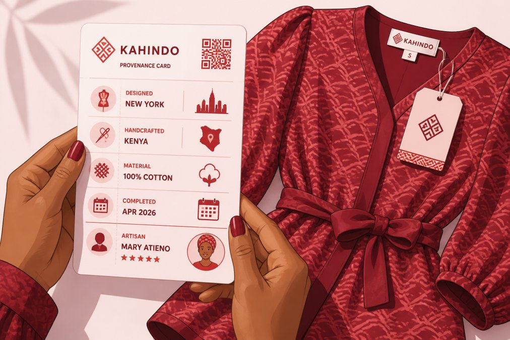 Close-up of hands holding a provenance card or authenticity documentation certificate next to a finished luxury garment, showing detailed production information and artisan details in natural daylight