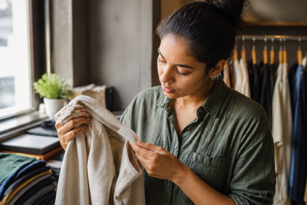 A person examining a clothing label and fabric texture up close in natural light, with a garment tag visible showing material composition