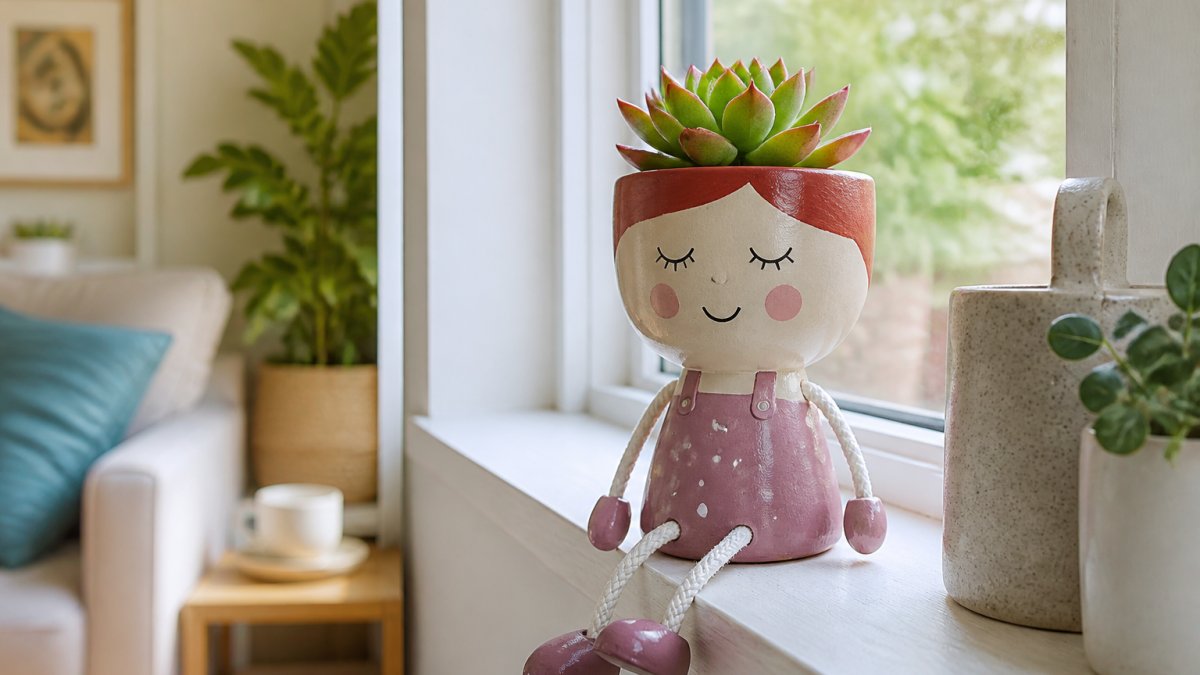 A cheerful red-haired Plant Mum planter with dangling legs sitting on a bright windowsill holding a small succulent, natural daylight, cosy home interior in the background
