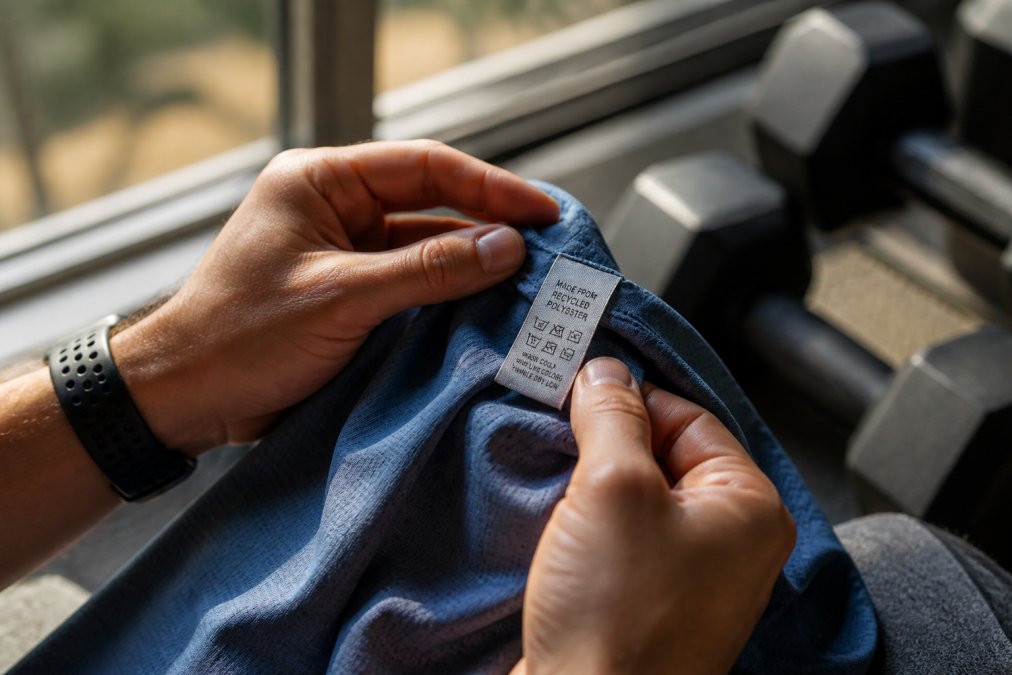 Close-up of a man's hands holding a care tag on a recycled polyester gym shirt, natural light through a window, visible fabric weave and printed care label detail