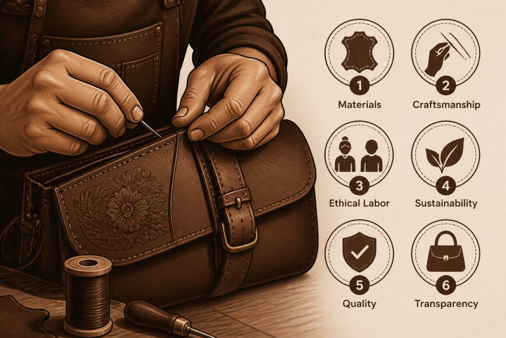 Close-up of artisan hands stitching a leather bag by hand with precision, showing detailed craftsmanship, fine stitching detail, and concentrated focus on quality work in natural workshop lighting