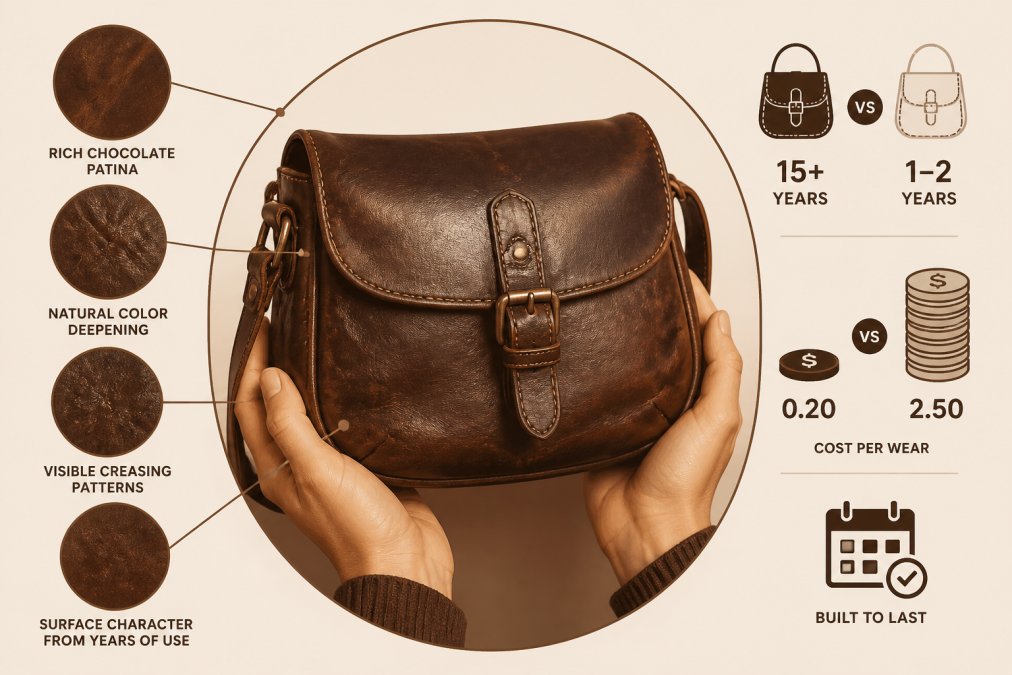 Well-worn leather bag held in hands showing rich chocolate patina, natural color deepening, visible creasing patterns, and surface character from years of daily use in warm natural light