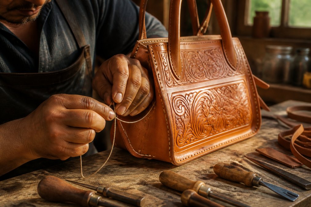 Close-up of artisan hands stitching leather by hand with traditional tools, detailed tooling marks visible on a tan leather handbag in a sunlit workshop