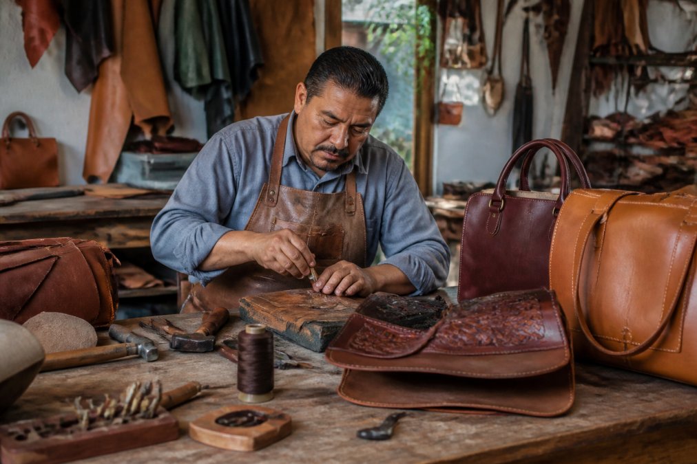 Skilled Mexican leather artisan working at wooden workbench surrounded by leather hides, hand tools, and partially completed handcrafted bags in a bright workshop