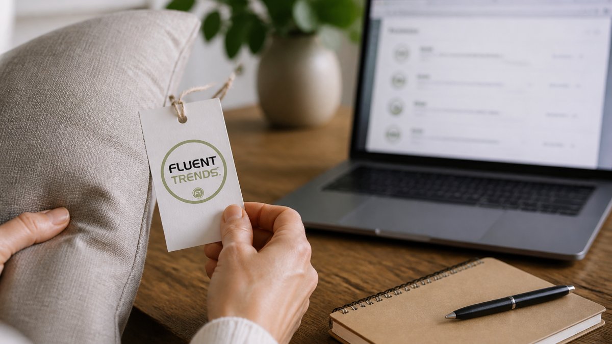 Hands holding a certification tag on a linen pillow near a laptop showing an ethical standards database