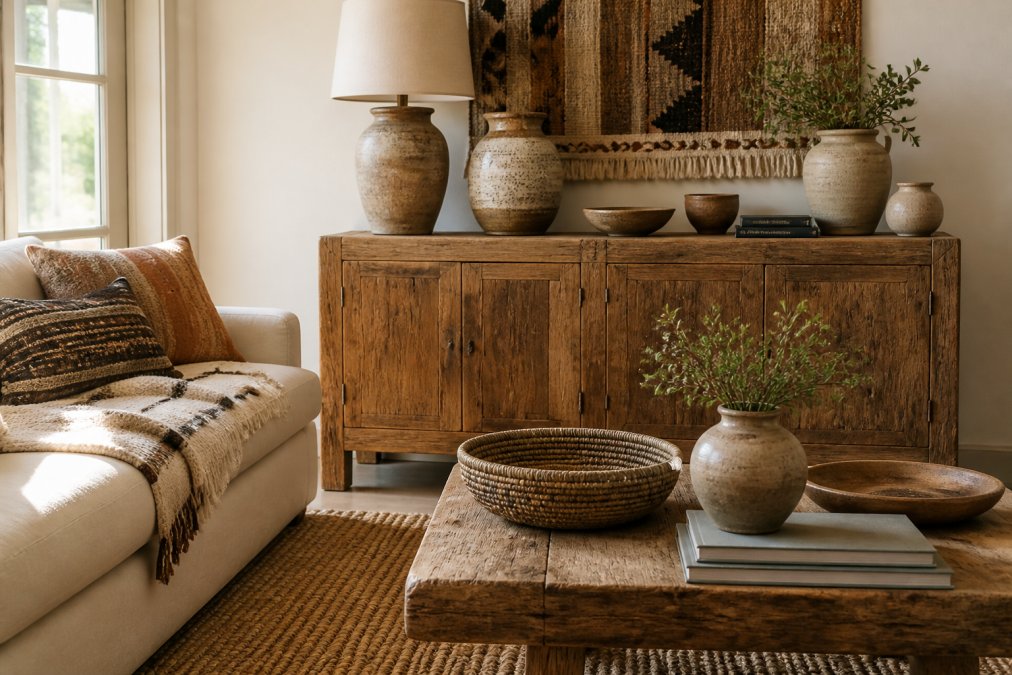 A warmly lit living room styled with handcrafted textiles, a natural fiber rug, reclaimed wood furniture, and artisanal ceramic accessories arranged on a wooden sideboard