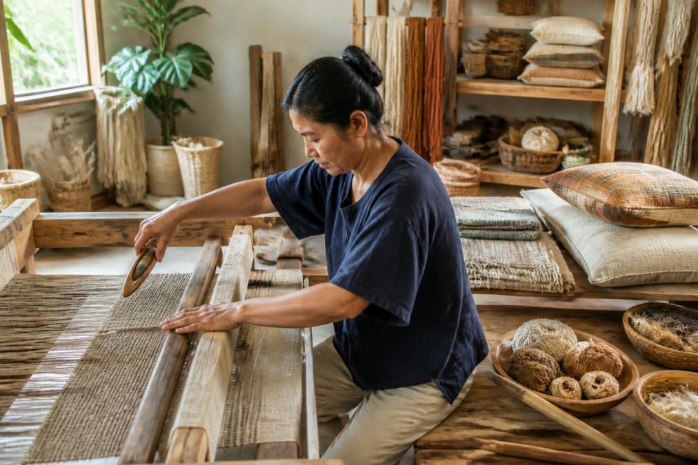 A skilled artisan weaving a natural fiber textile by hand in a well-lit studio, finished woven goods and organic materials visible on the workbench beside them
