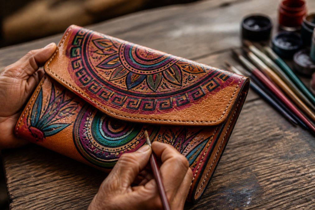 Close-up of intricate hand-painted leather designs featuring traditional geometric patterns and cultural motifs on a finished artisan clutch bag, with natural light highlighting the detailed brushwork and texture