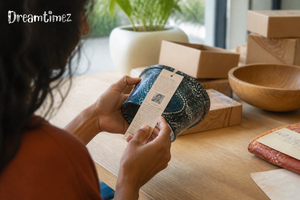 Person examining an Indigenous-designed homeware product label closely, checking for artist name, community attribution, and authenticity markers on packaging in natural daylight