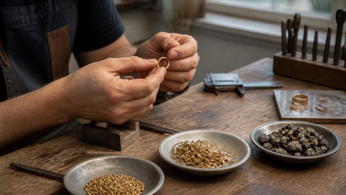 Jeweler inspecting a gold ring on a wooden workbench in a sunny studio