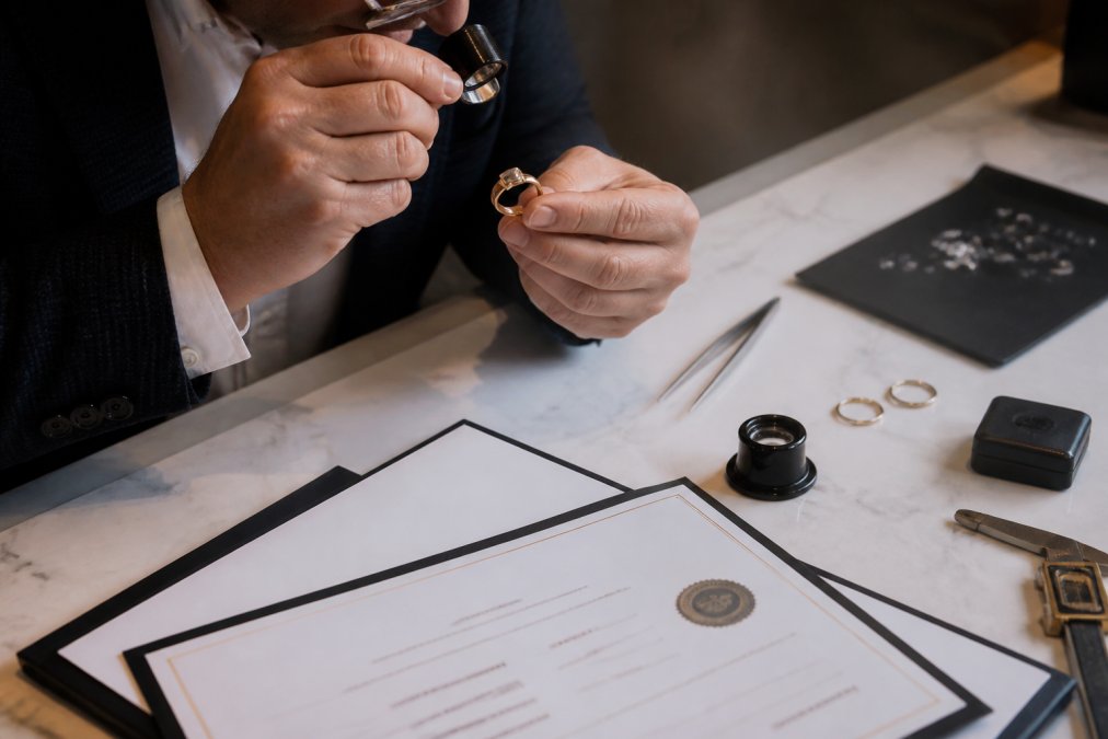 Close-up of hands examining a gold ring with a jeweler's loupe under warm lighting, with certification documents visible on a marble counter