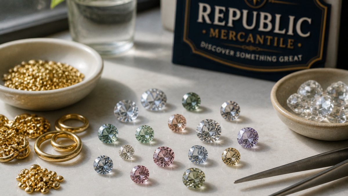 Close-up of certified loose moissanite gemstones in various colors displayed on a white surface with natural lighting, showing brilliant sparkle and clarity alongside recycled gold pieces and lab-grown diamond samples