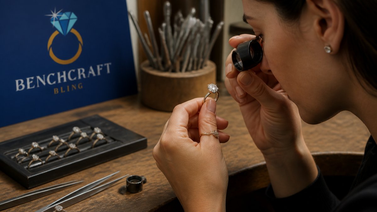 Close-up of a woman's hands holding a certified lab-grown diamond ring under a jeweler's loupe in a warm, well-lit workshop setting