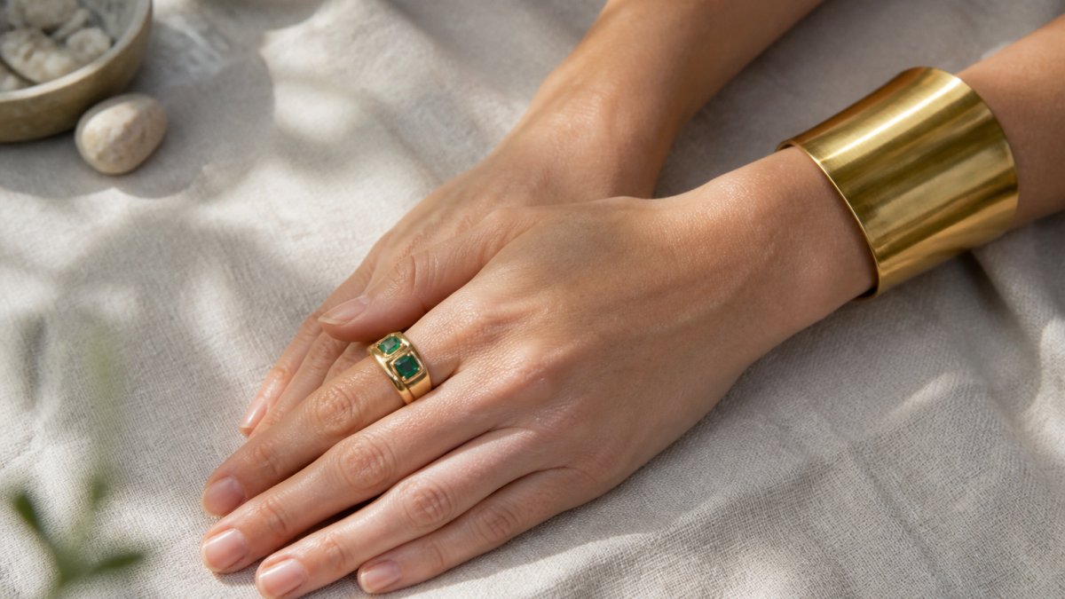 Woman’s hands wearing a bold recycled gold ring with emeralds and a chunky gold cuff on a linen surface.