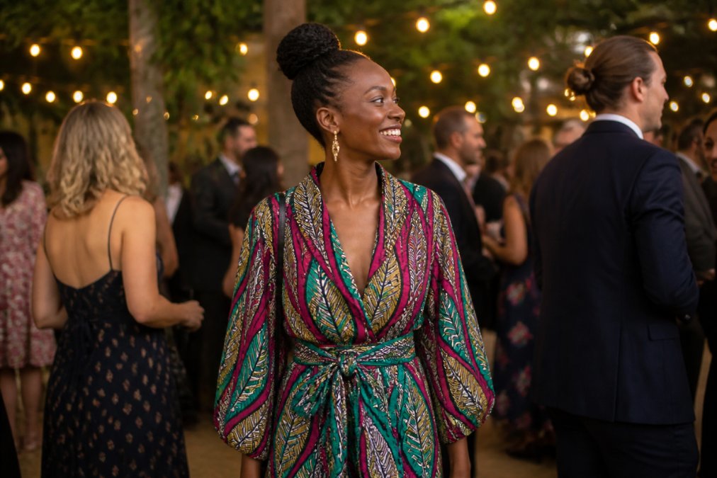 Woman wearing a vibrant handcrafted KAHINDO dress at an outdoor evening event, showcasing bold color and artisanal textile detail with soft golden lighting