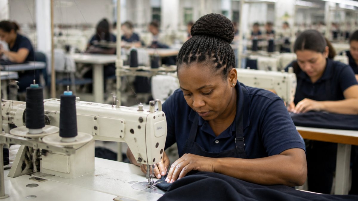 Skilled garment workers in a well-lit, clean factory setting carefully stitching apparel with modern equipment, showing focus and craftsmanship in safe working conditions