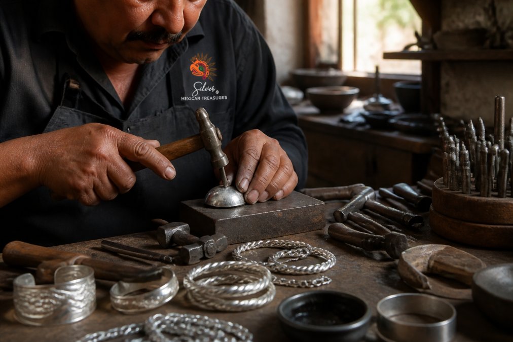 Artisan hand-forming sterling silver for ethical Mexican jewelry in a traditional Taxco workshop.