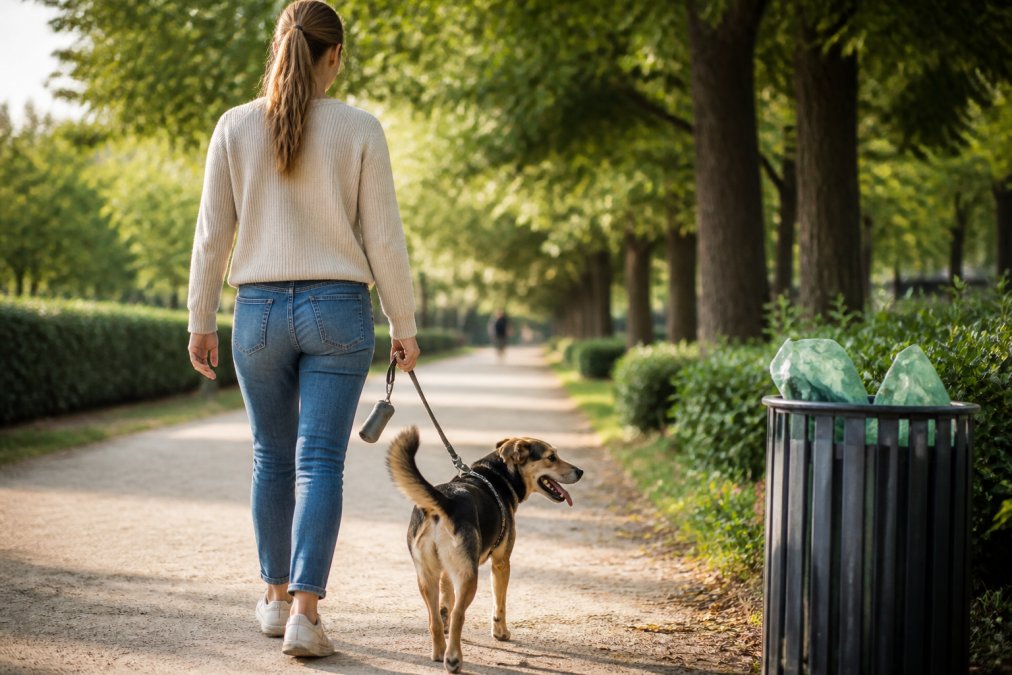 A dog owner walking a rescue dog along a tree-lined park path, holding a leash with a clip-on felt poop bag holder, eco-friendly waste bags visible in a nearby bin, soft late-afternoon light, candid lifestyle shot
