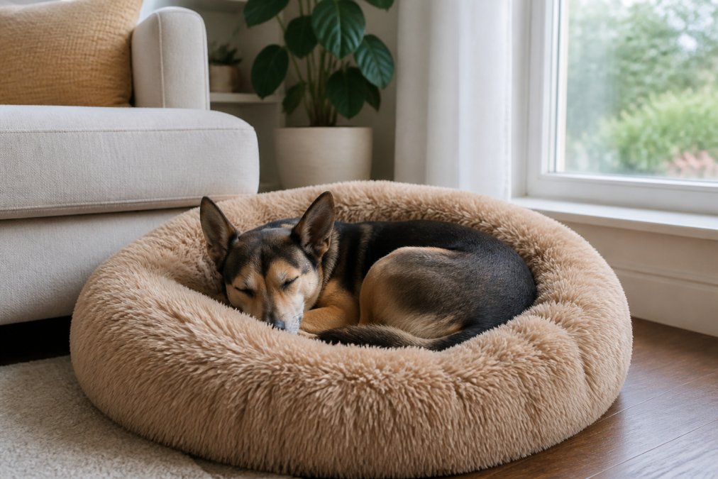 A calm rescue dog curled up asleep in a plush donut-style calming bed in a cozy living room, soft natural light streaming from a nearby window