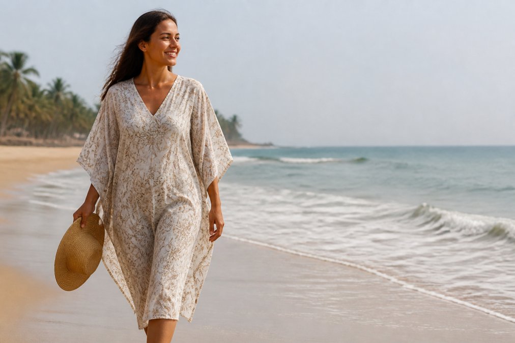 A woman in a flowing organic cotton kaftan walking on a sunny beach, holding a sun hat, looking relaxed and stylish