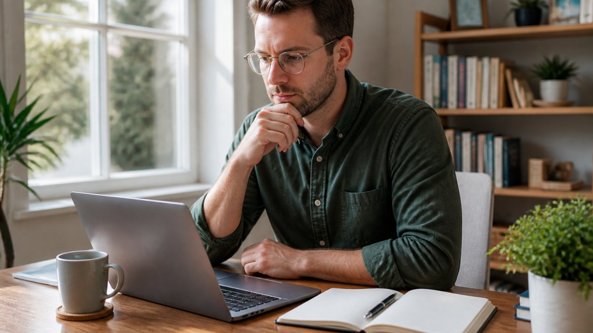 A small business owner reviewing software subscription options on a laptop in a bright home office, notebook and coffee mug beside the keyboard, morning light through the window