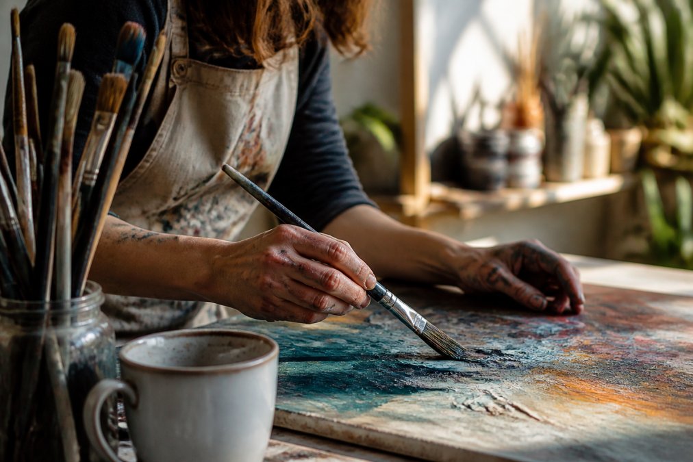 Close-up of an artist's paint-stained hands working on a canvas in a sunlit studio, paintbrushes in a jar and a ceramic coffee mug on the table beside her