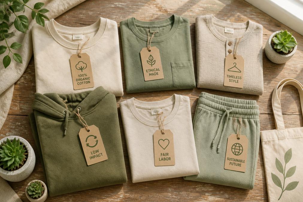 Flat lay of neatly folded organic cotton garments in neutral tones arranged on a worn wooden table, with small potted succulents and kraft paper hang tags visible in soft natural window light