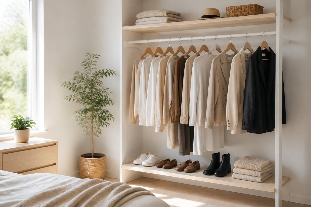 A minimal open wardrobe with a small curated selection of neutral-toned garments on wooden hangers, neatly arranged in a bright airy bedroom with white walls and natural morning light coming through a window
