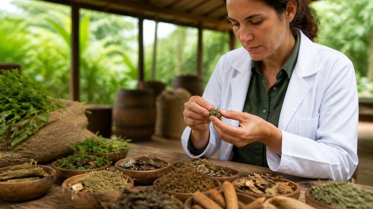 Professional reviewing natural herb and ingredient samples in a supplier facility, carefully examining quality and purity with natural lighting