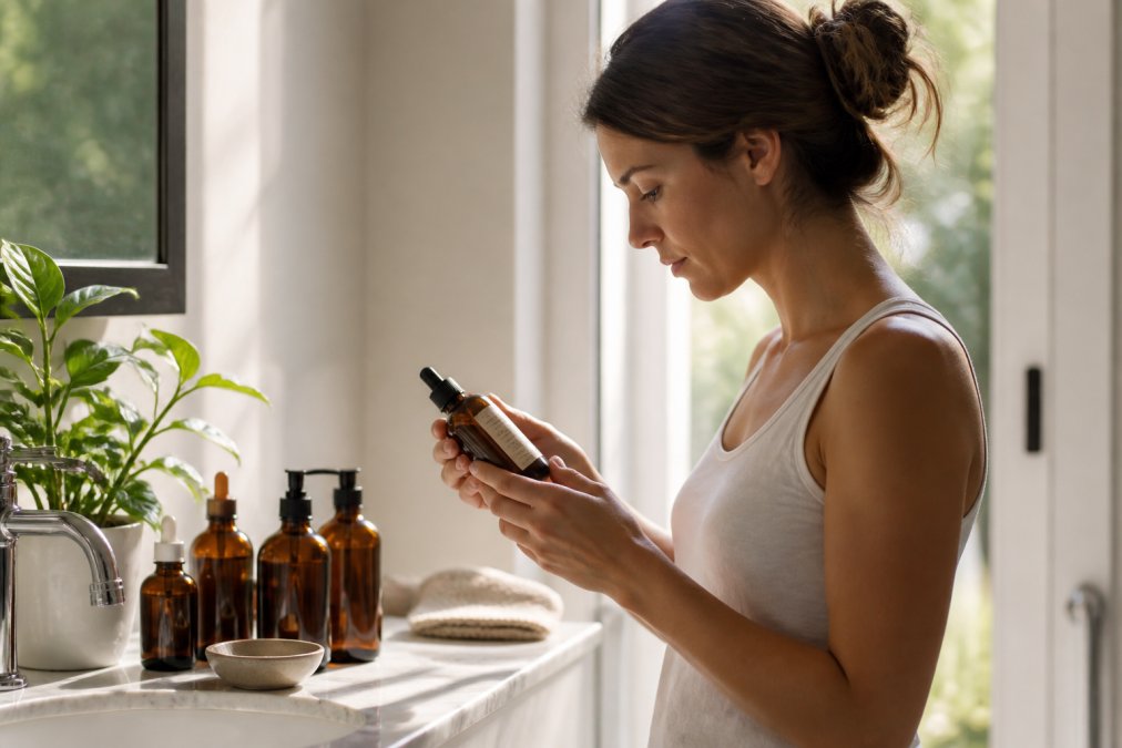 Woman examining a label on a skincare bottle for ethical sourcing in a sunlit bathroom with amber glass containers