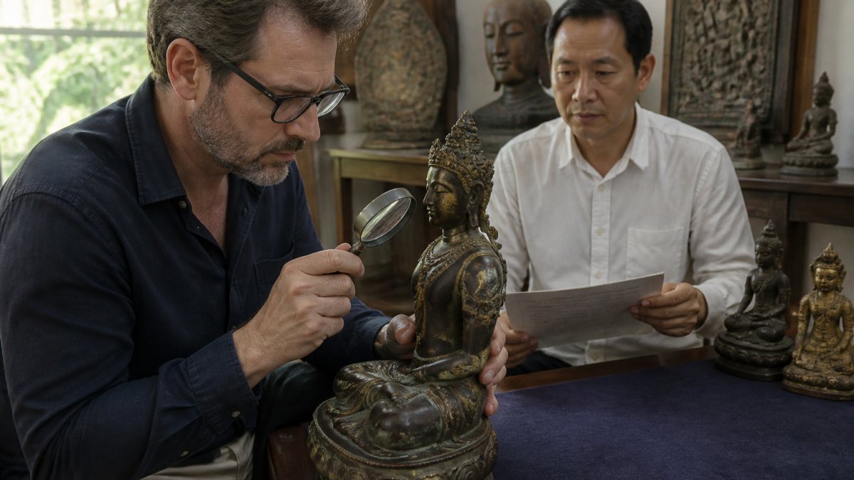 Collezionista professionista che esamina da vicino la statua buddista in bronzo alla luce naturale, con in mano una lente d'ingrandimento e il rivenditore presente che esamina la documentazione sullo sfondo