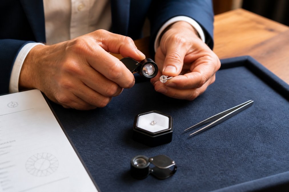 Close-up of a jeweller's hands examining a loose diamond with a grading report and loupe on a soft velvet tray