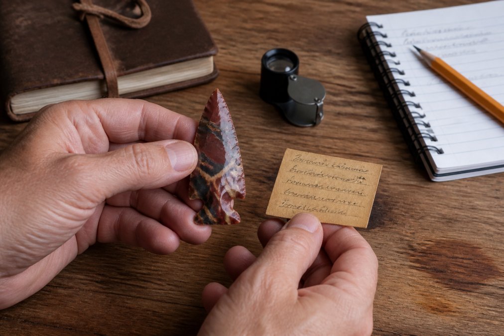 Close-up of hands holding a polished jasper arrowhead next to a small handwritten provenance card, with a magnifying loupe and notebook on a wooden table in natural light