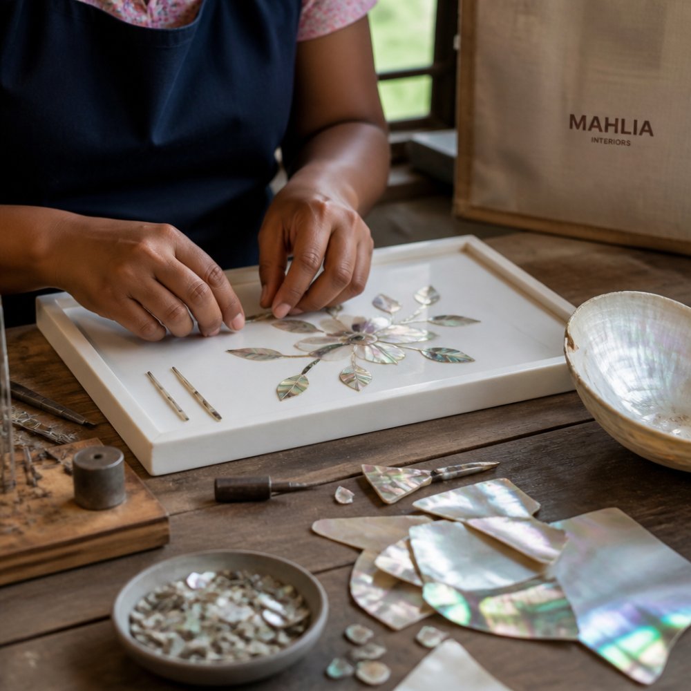 Close-up of an artisan's hands setting small cut pieces of iridescent mother of pearl into a floral inlay pattern on a white tray, surrounded by fine hand tools and offcuts of shell on a timber workbench