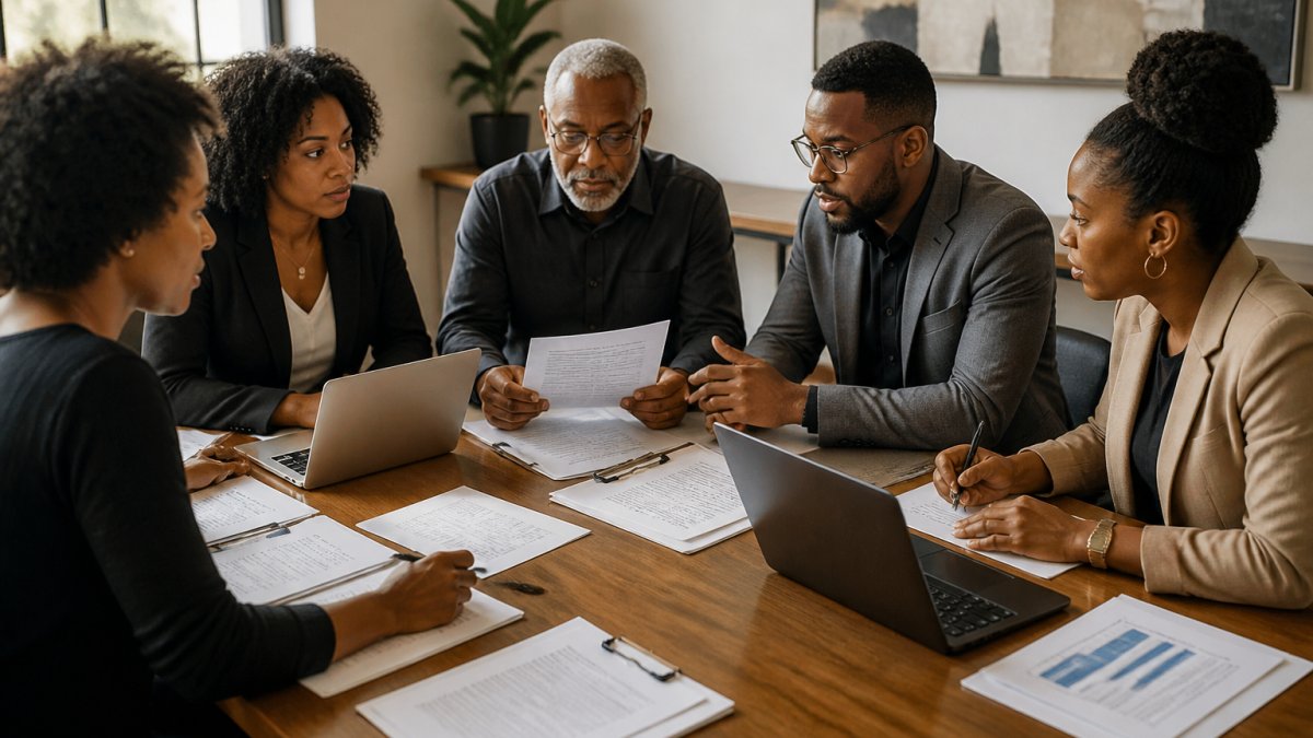Nonprofit board members and fundraising staff gathered around a conference table reviewing documents, policies, and guidelines together, with laptops and printed materials visible, showing collaborative planning and discussion in natural office lighting