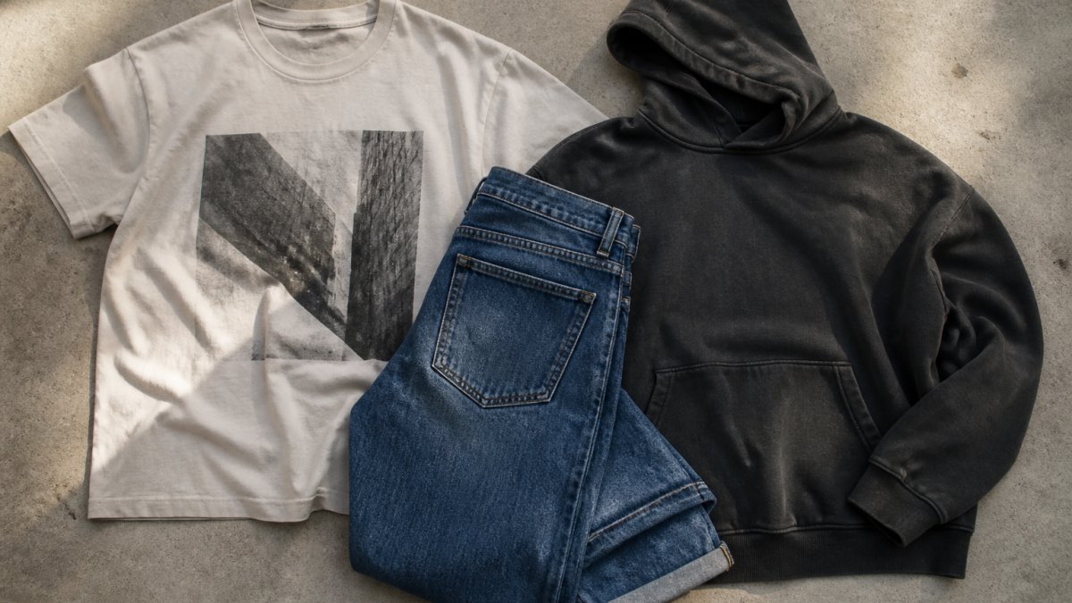 Urban streetwear styling flat lay with organic cotton graphic t-shirt, recycled denim jeans, and ethical brand hoodie arranged on neutral textured background showing fabric details and minimalist design aesthetic