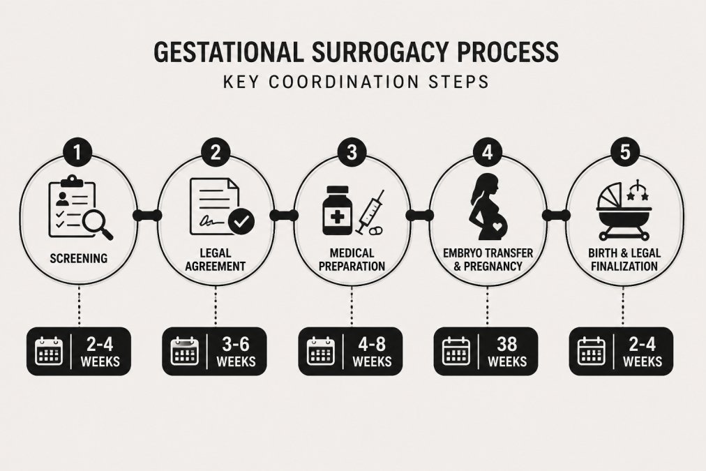 Process diagram showing steps for surrogacy planning coordination