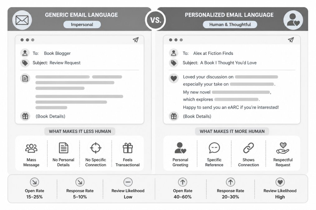 Side-by-side comparison showing generic vs. personalized email language, with callouts on what makes each version feel more human