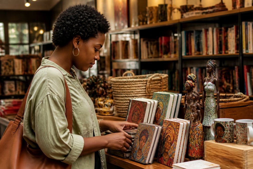 Shopper browsing culturally inspired gifts at a bookstore to celebrate black history and support local businesses.