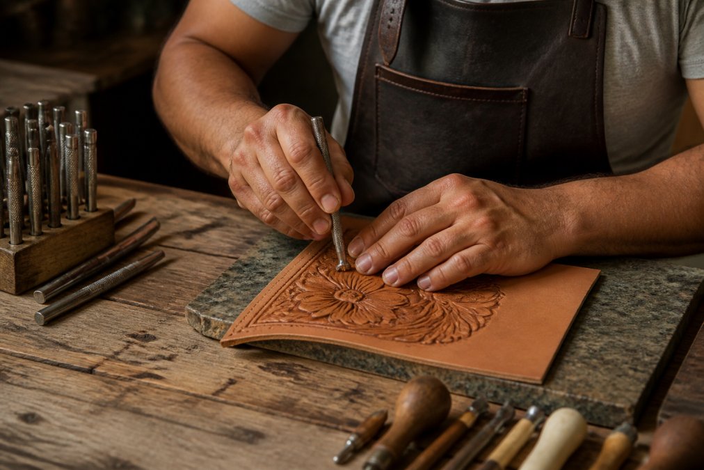 Close-up of an artisan's hands using a metal stamping tool to hand-carve a floral motif into a piece of vegetable-tanned leather on a wooden workbench