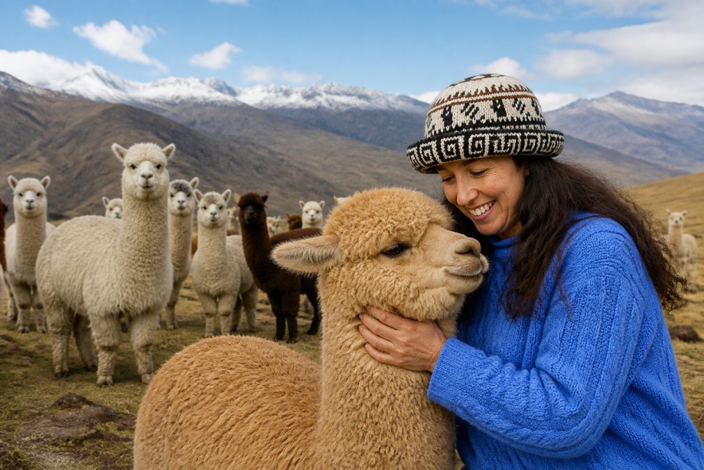 Andean alpacas grazing freely on high-altitude mountain pasture with snow-capped peaks in the distance, demonstrating healthy animals in their natural environment