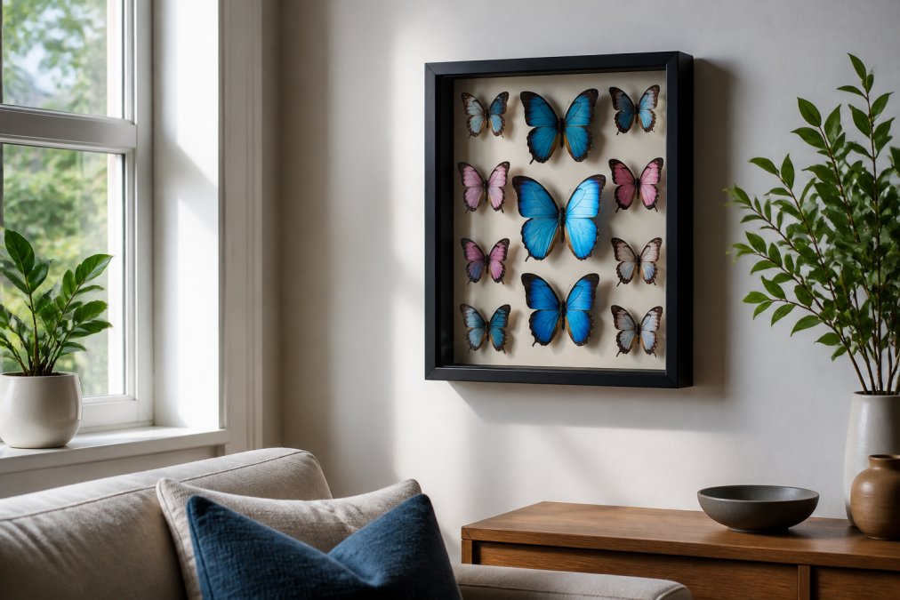 Beautifully lit shadowbox frame displaying preserved blue and pink butterflies mounted on a neutral wall in a modern living room, with soft natural light from a nearby window highlighting the iridescent wings and elegant black frame against white wall decor