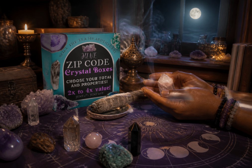 A serene ritual space with crystals arranged on a cloth, sage smudge stick, moonlight streaming through a window, and hands gently holding a cleansed stone
