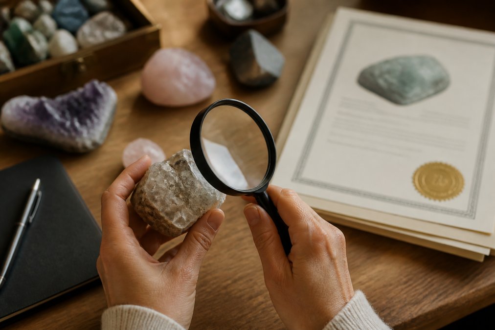 Close-up of hands holding a raw crystal while examining it with a magnifying glass, with certification documentation and a wooden surface visible in natural lighting